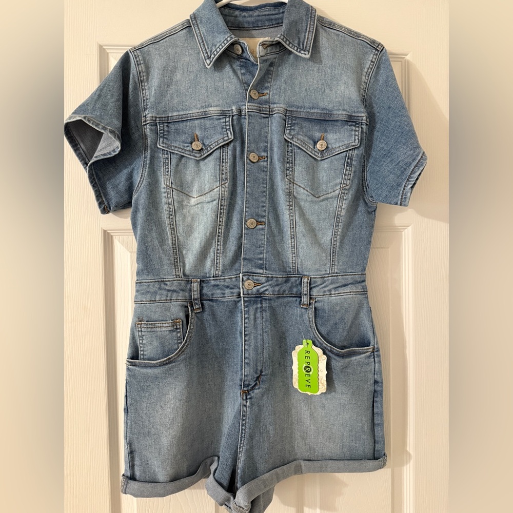 Altar'd State Light Wash Denim Jean Jumpsuit Romper Small